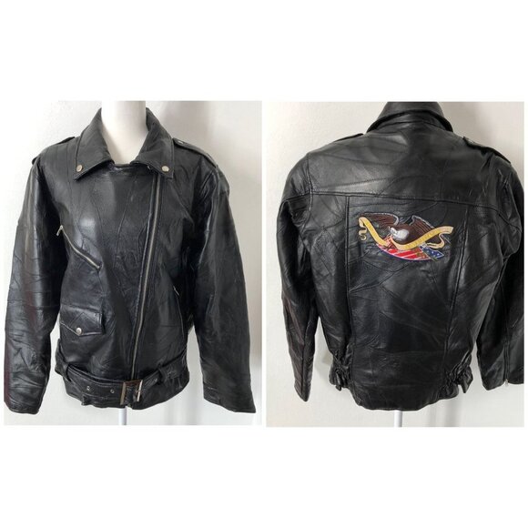 Leather Riding Jacket Mens Large Eagle Patch God Bless America Moto Vintage 80's - Picture 1 of 14